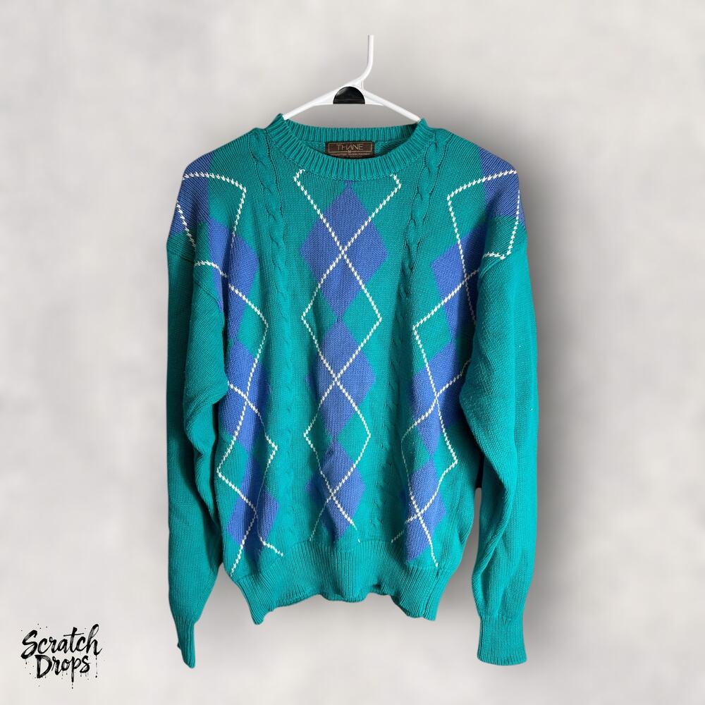 Vintage 80s Thane Argyle Knit Sweater Made in USA Women's Medium Retro Pullover